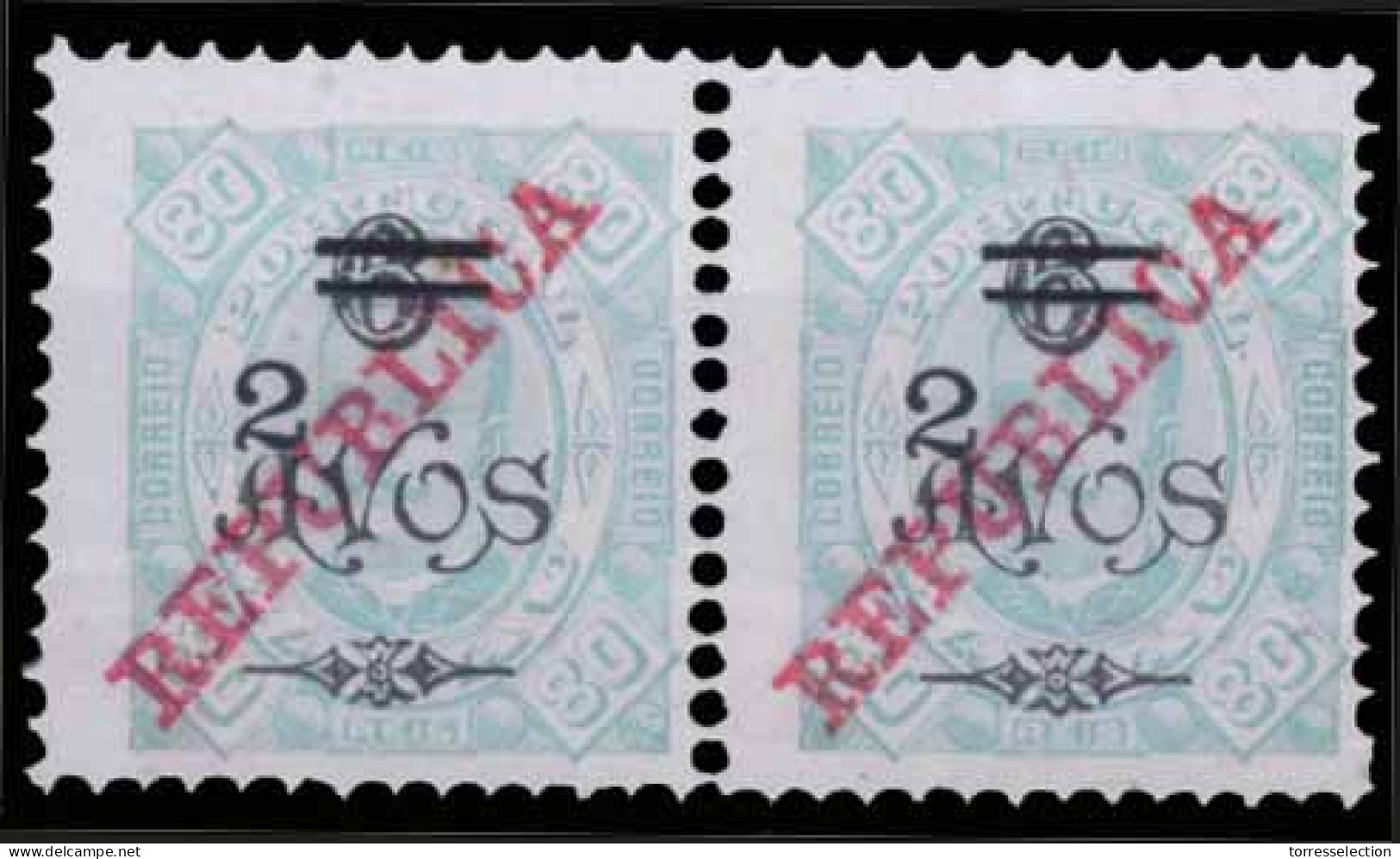 MACAU. 245* (x2) 2s / 6a / 80r Light Green. 1919 D. Carlos I With Tax Ovpt. Horiz. Mint Pair, With Horiz. Bars Of Slight - Other & Unclassified