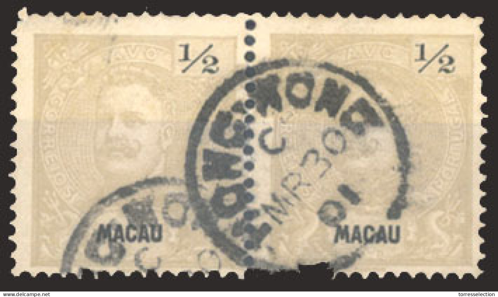MACAU. 78º (x2). 1898. D. Carlos Mouchon 1/2a Grey. Perf 12 1/2 Horiz. Pair, "Hong Kong / Mr 30 / 01" Small Central Cds  - Otros & Sin Clasificación