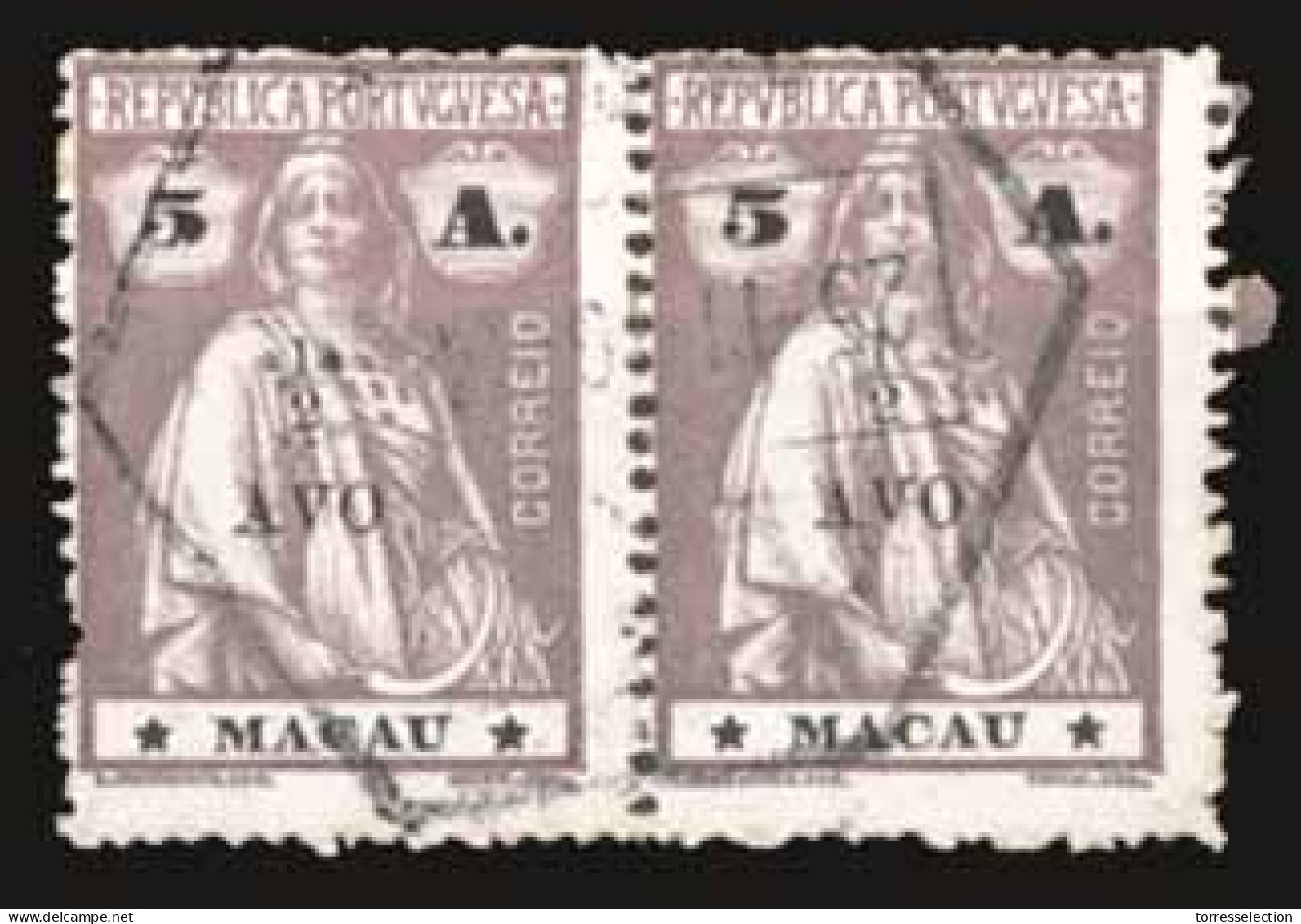 MACAU. 243º (x2). 1/2a / 5a. Light Chestnut 1919 Ceres Ovpted. Issue. Horiz. Used Pair, Central Hexag. "25-11-19". Scarc - Other & Unclassified