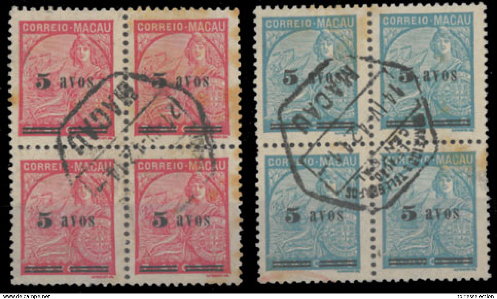 MACAU. 311/312º (x4). 5 S/7a Red And 5 S/8a Light Blue. Used Blocks Of Four, Both With Central Cancels 21.III.42 And 14. - Andere & Zonder Classificatie