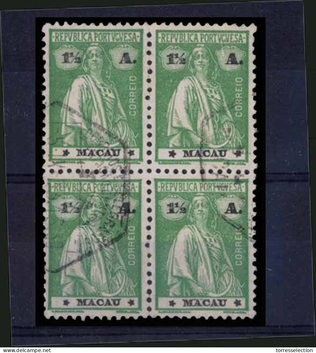 MACAU. 247º (x4). 1924 Ceres. 1 1/2a Green, Block Of Four Cancelled, Upper Right Stamp With Large Star At Lower Left. - Altri & Non Classificati