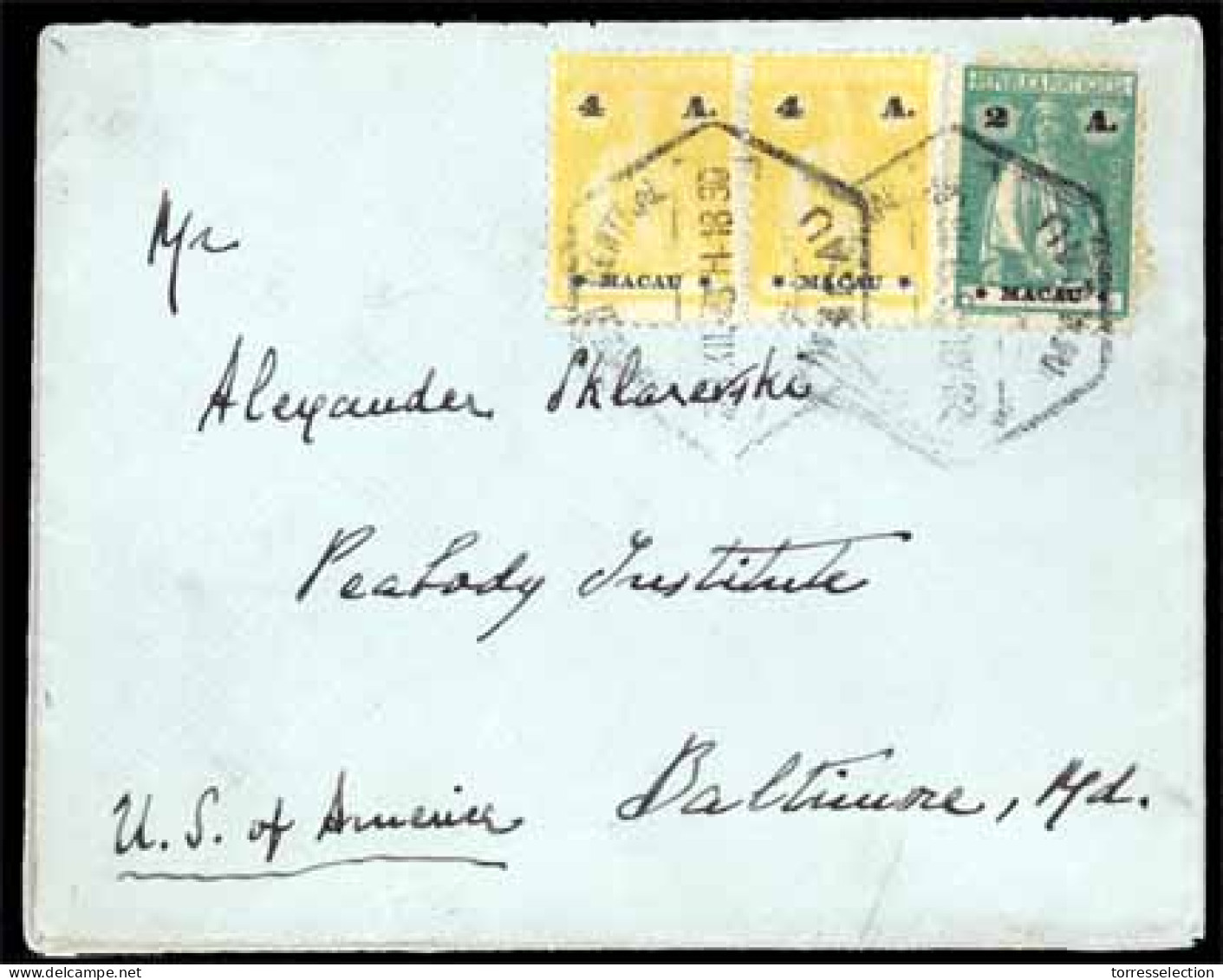 MACAU. 1923. Cover To Baltimore From Macau Franked By 1913 Ceres 2a Blue Green And Pair Of 1924 4a Lemon Stars For 10 Ra - Altri & Non Classificati