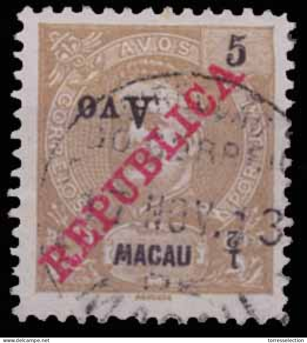 MACAU. 198º. 1913. D. Carlos I. 1/2 / 5A. INVERTED Tax Ovpt., Cancelled 17 Nov 13. V. Scarce. - Andere & Zonder Classificatie