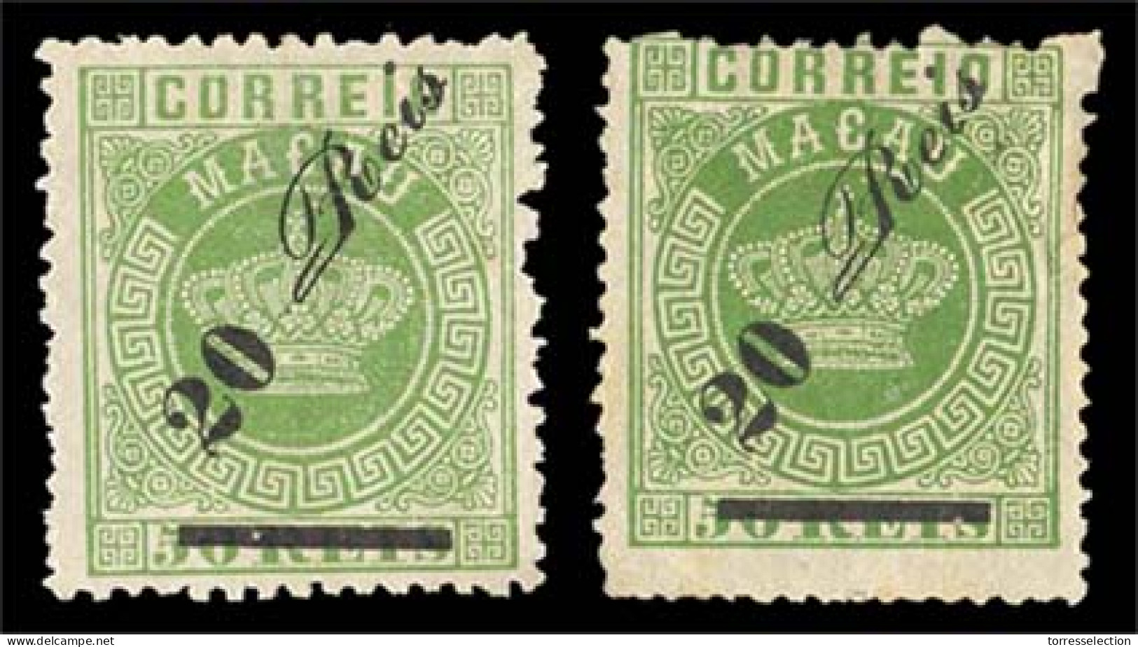 MACAU. 14*. 1885. Crown Issue Ovpted. 20r / 50r. Green. 2 Mint Stamps Perf 12 1/2 And 13 1/2 Respectively. - Altri & Non Classificati