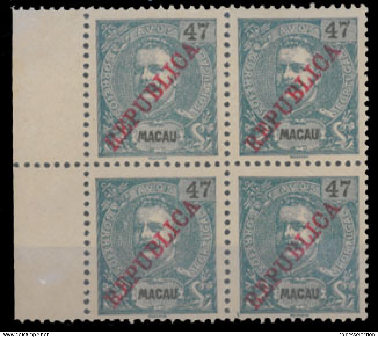 MACAU. 196*. 1913 Local Republica Mouchon Issue. 47a Blue On Yellow. Red Ovpt. Superb BLOCK OF FOUR, Margin Border At Le - Sonstige & Ohne Zuordnung