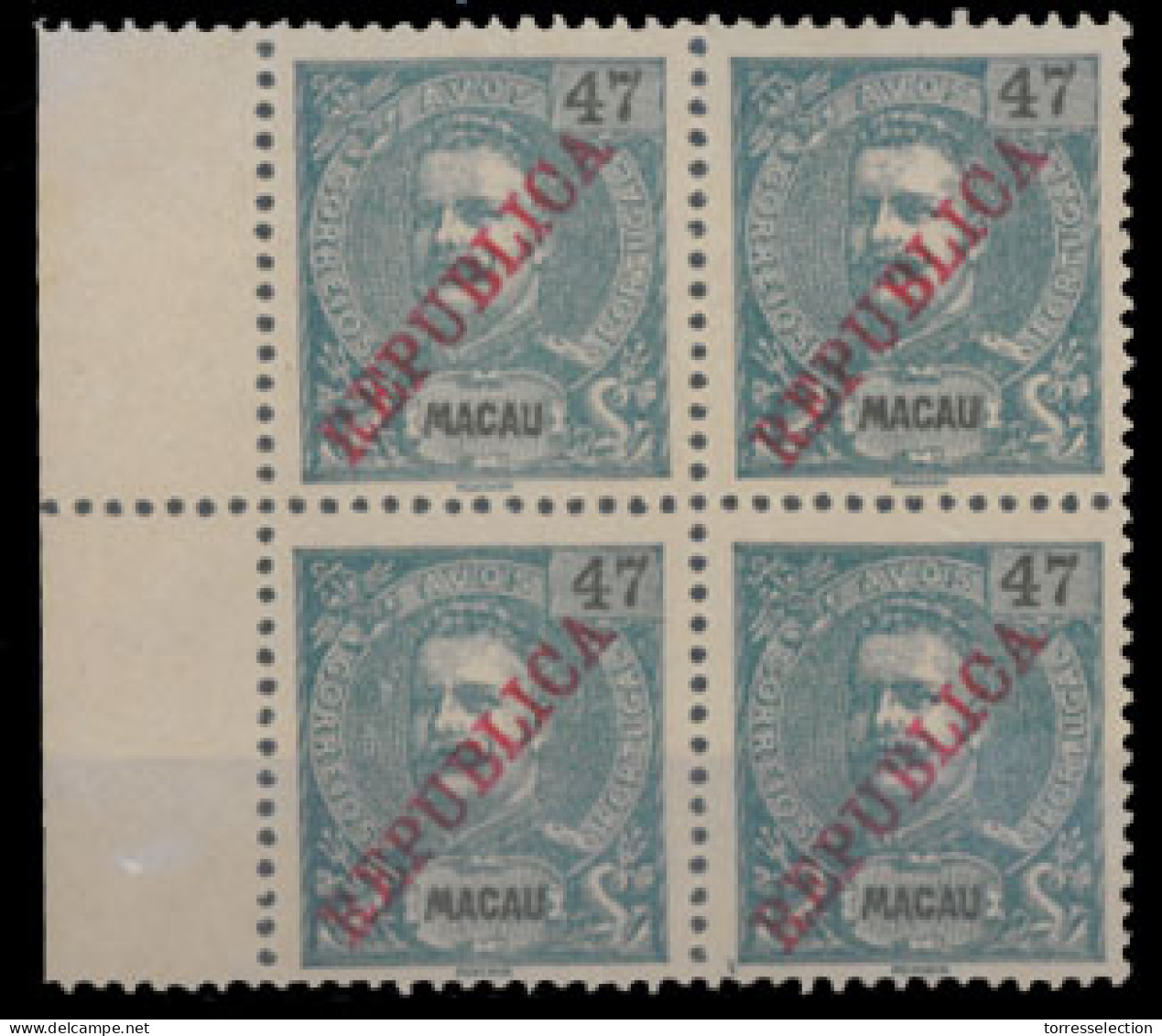 MACAU. 196*. 1913 Local Republica Mouchon Issue. 47a Blue On Yellow. Red Ovpt. Superb BLOCK OF FOUR, Margin Border At Le - Other & Unclassified