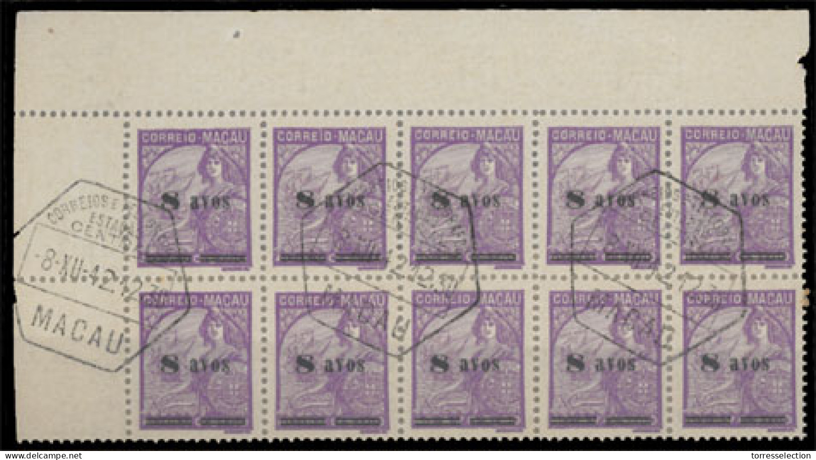 MACAU. 314º (x10). 1914-2. Padroes. 8s / 40a Violet. Horiz. BLOCK OF TEN, Upper Left Corner Of Sheet With Margin Borders - Altri & Non Classificati