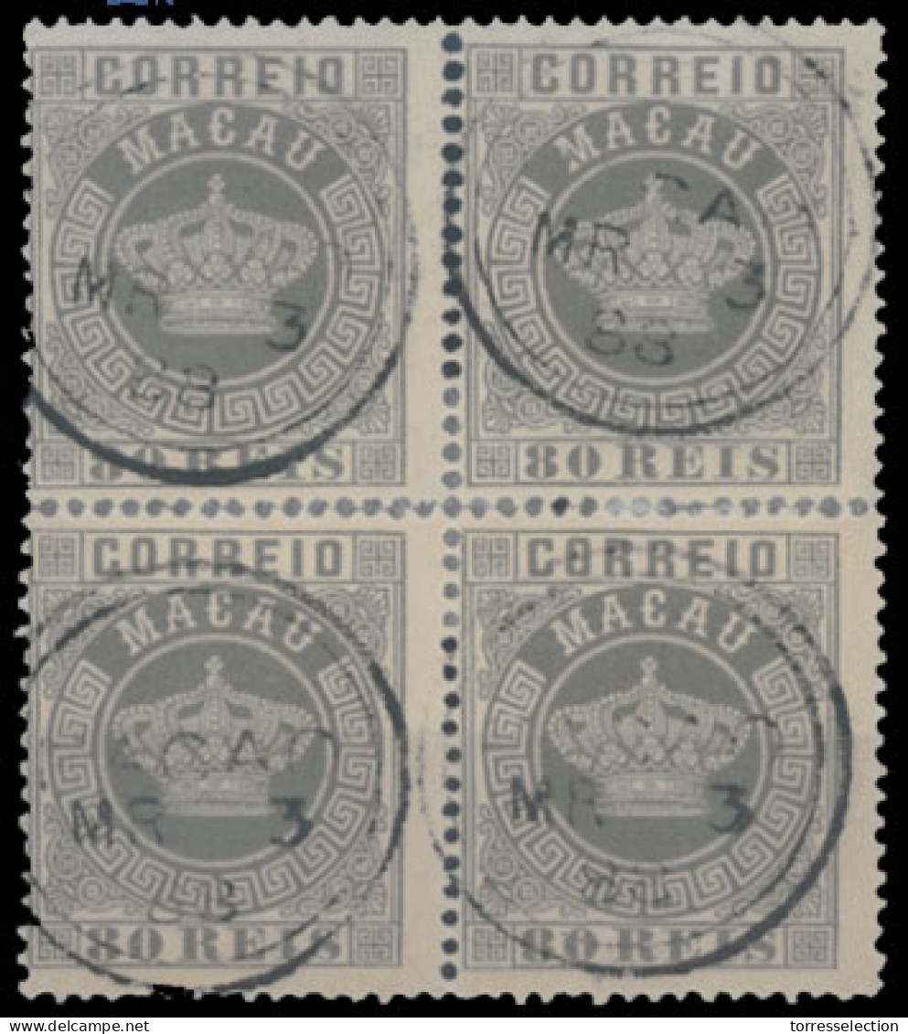 MACAU. 21º. 1885 Crown Issue. 80rs Grey Perf 13½  Used BLOCK OF FOUR (Two Horiz. Pairs Have Been Reinforced In Between), - Other & Unclassified