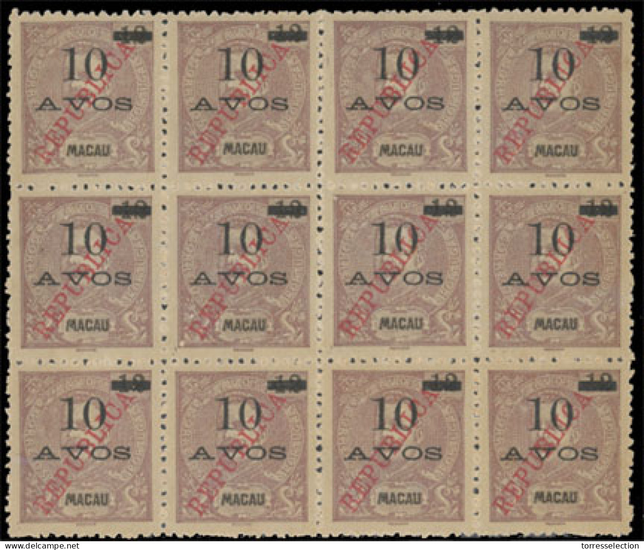 MACAU. 197*. 1913 Local Republica. 10a On 12a Dull Purple. A Staggering Horiz. Mint BLOCK OF TWELVE, Superbly Centered.  - Sonstige & Ohne Zuordnung