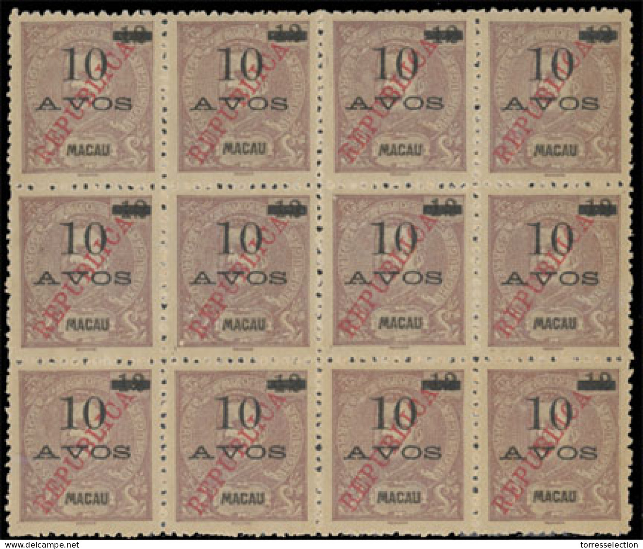 MACAU. 197*. 1913 Local Republica. 10a On 12a Dull Purple. A Staggering Horiz. Mint BLOCK OF TWELVE, Superbly Centered.  - Altri & Non Classificati