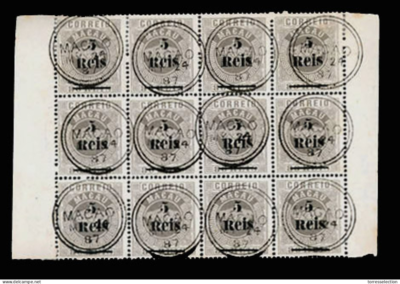 MACAU. 24º. 1887 Crown Issue, Ovptd. 5s/80r Grey. Perforation 13½. A Staggering BLOCK OF TWELVE With Border Margins At B - Other & Unclassified