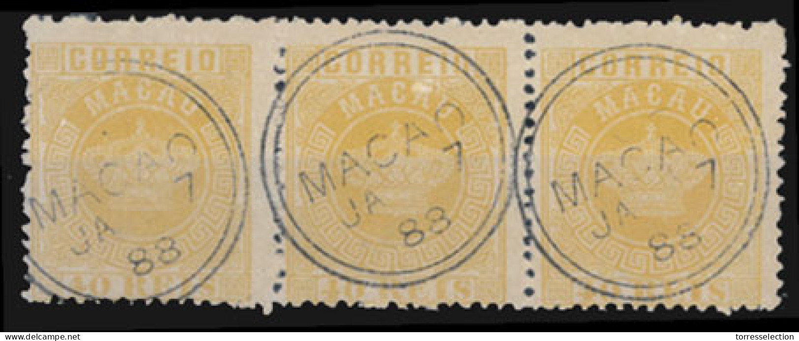 MACAU. 19º. 1885 Crown Issue 40rs Yellow On Cream Paper, Perf. 13½ . Horizontal Used STRIP OF THREE, Cancelled "JA7/88". - Altri & Non Classificati