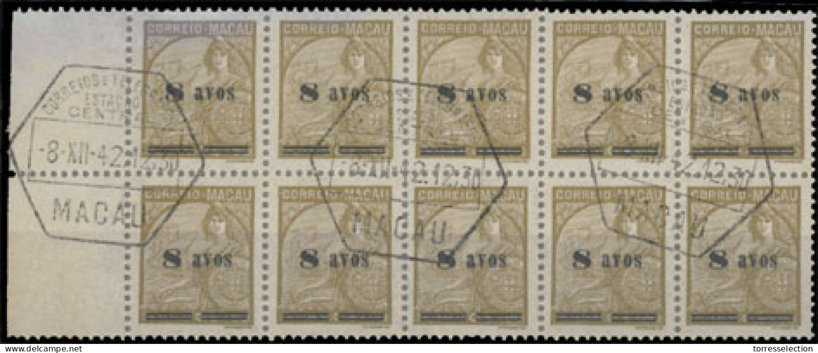 MACAU. 315º. 1941-42. Padrôes With Tax Ovpt. 8a/50a Brown. Used BLOCK OF TEN, Margin Border At Left, Neatly Cancelled He - Other & Unclassified
