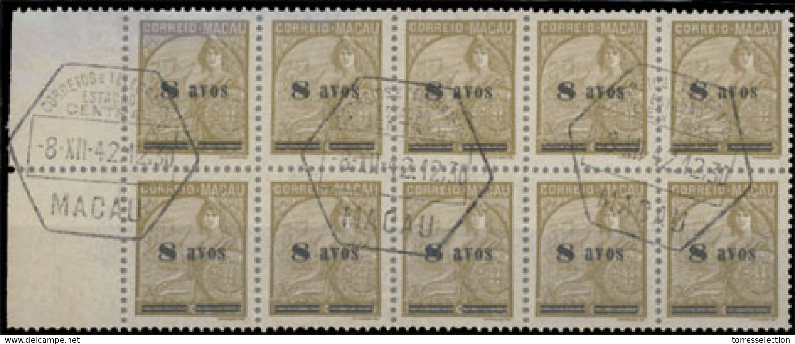 MACAU. 315º. 1941-42. Padrôes With Tax Ovpt. 8a/50a Brown. Used BLOCK OF TEN, Margin Border At Left, Neatly Cancelled He - Autres & Non Classés