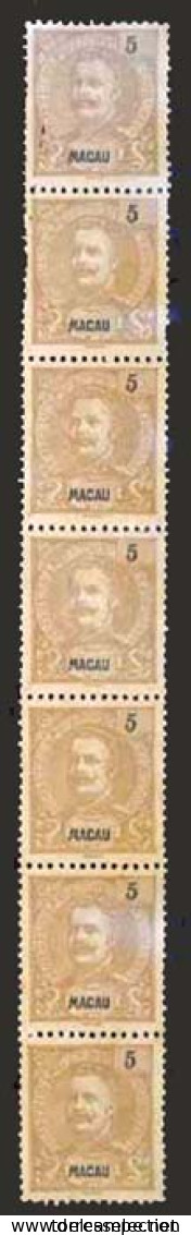 MACAU. 132*. 1903. D. Carlos I Mouchon, New Colours. 5a Yellow Chestnut. VERTICAL STRIP OF SEVEN Stamps (complete Row Of - Sonstige & Ohne Zuordnung