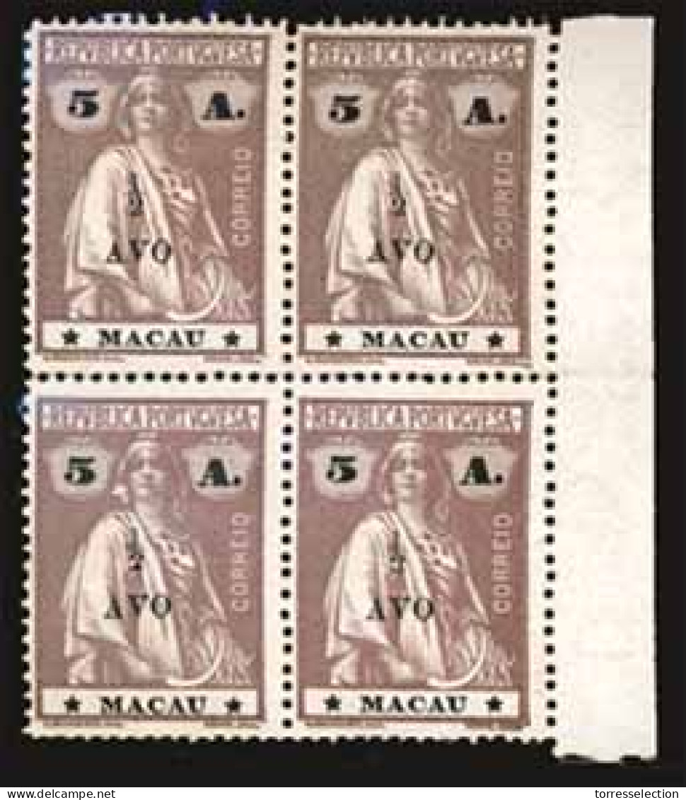 MACAU. 243*. 1919 Ceres Tax Locally Ovpted. ½ A/5A Light Brown, Mint BLOCK OF FOUR, Margin Border At Right. Same Subtype - Altri & Non Classificati