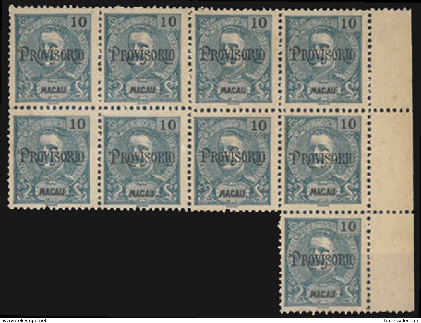 MACAU. 127*. D. Carlos I. Mouchon With "PROVISORIO" Ovpt. 10a Blue-emerald. BLOCK OF NINE Mint, With Margin Border At Le - Andere & Zonder Classificatie