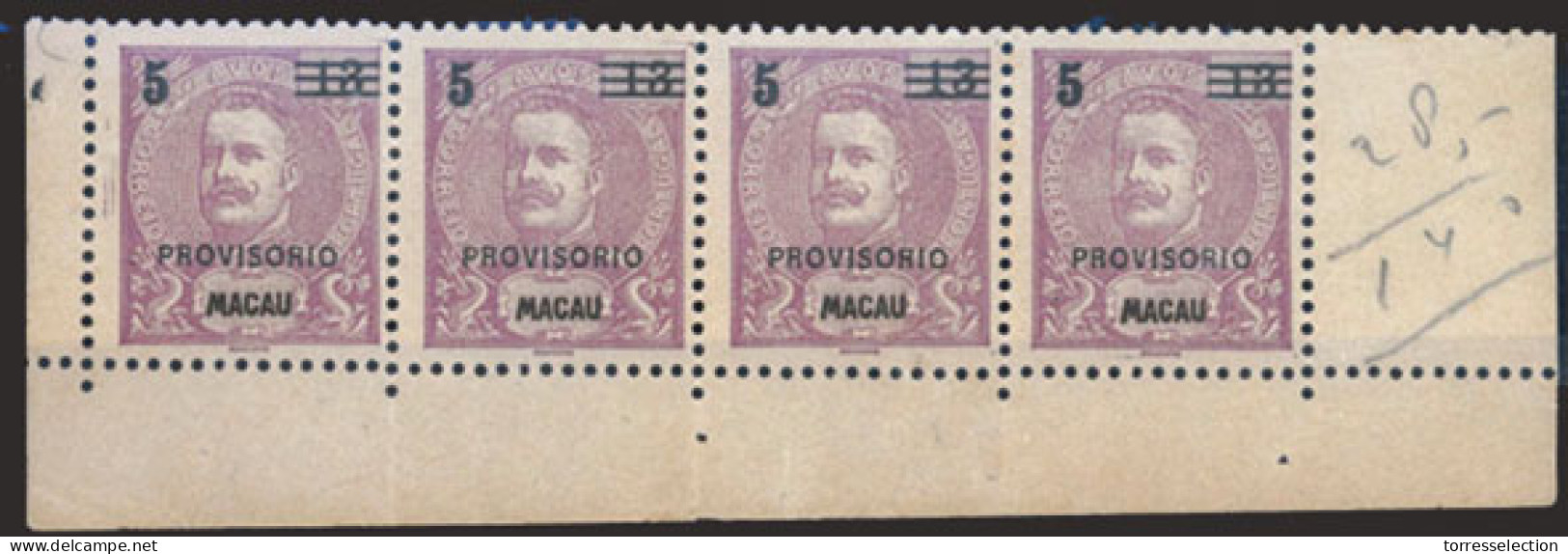 MACAU. 91*. D. Carlos I Mouchon With Tax Ovpt. 5a On 13a Lilas Vivo (rich Lilac), Small Provisorio. STRIP OF FOUR, Mint, - Autres & Non Classés