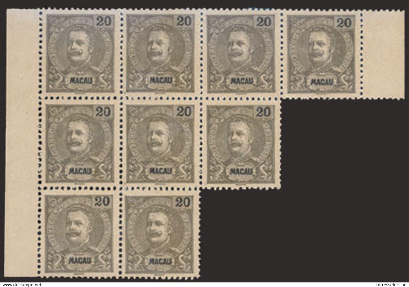 MACAU. 98*. 1900 Carlos I Mouchon New Colours 20a Dark Brown On Yellowish Paper, Horiz. BLOCK OF NINE (4-3-2), Center Of - Altri & Non Classificati