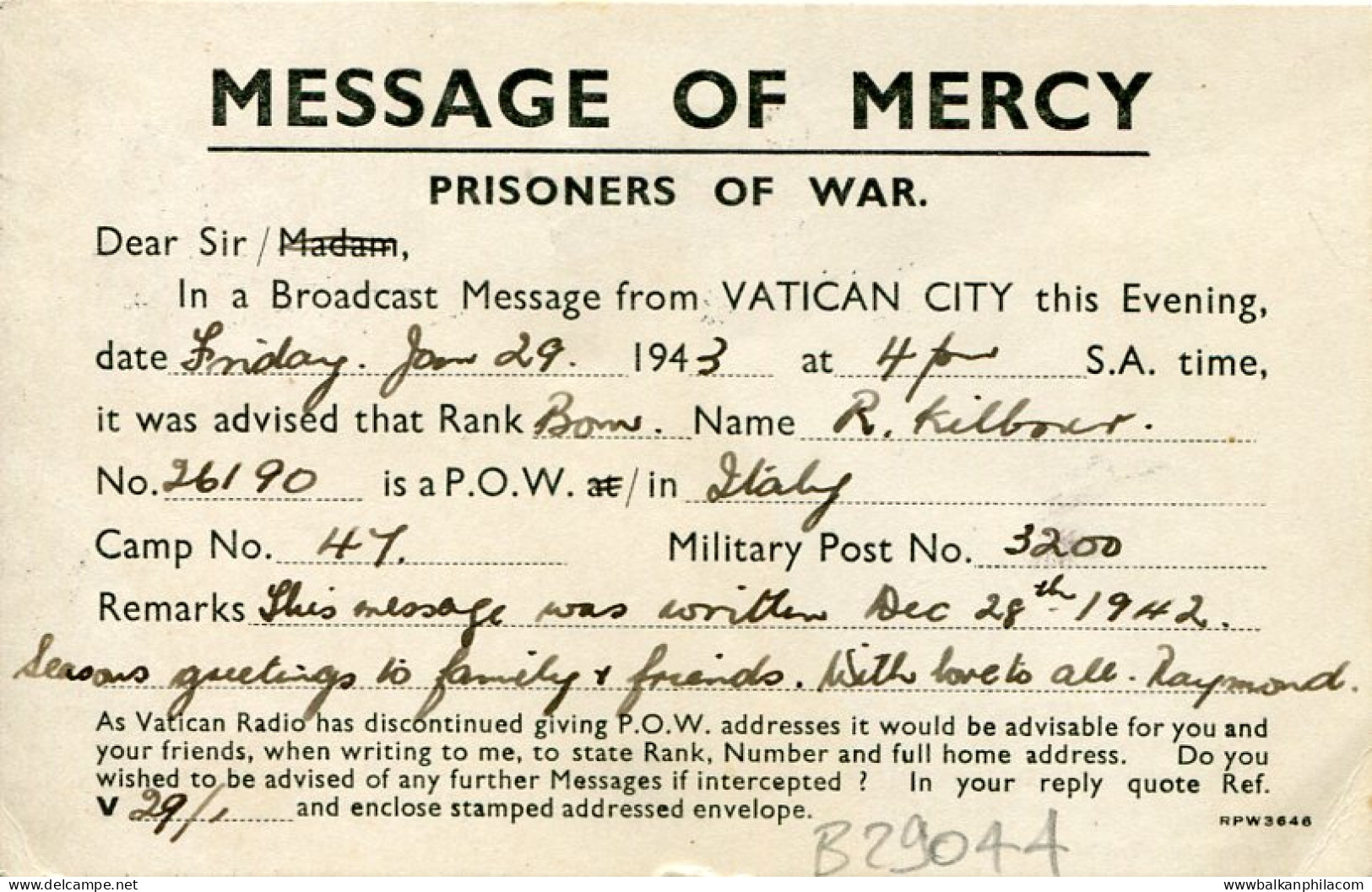 1943 South Africa Vatican PoW Message Of Mercy Card - Sin Clasificación