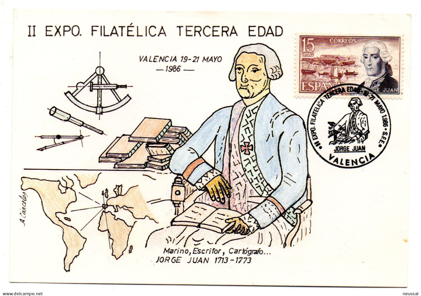 Tarjeta Con Matasellos Commemorativo De Jorge Juan 1986 - Lettres & Documents