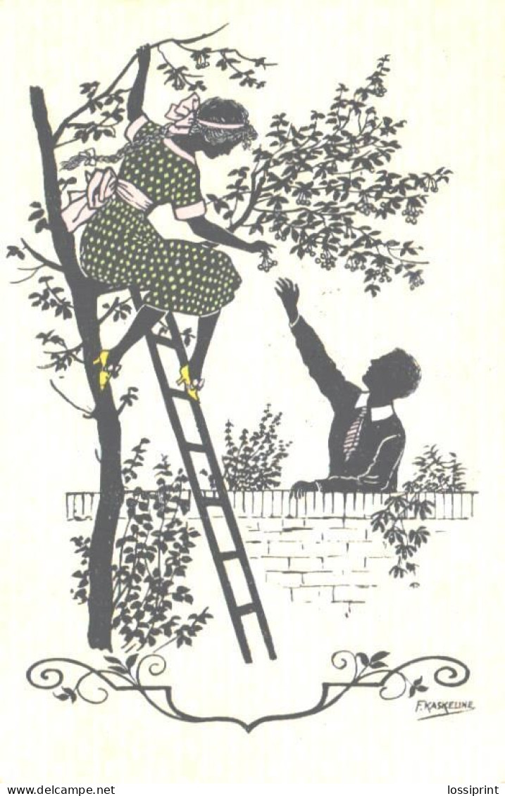 F.Kaskeline:Lady On Ladder And Tree Giving Berries To Man, Pre 1924 - Scherenschnitt - Silhouette