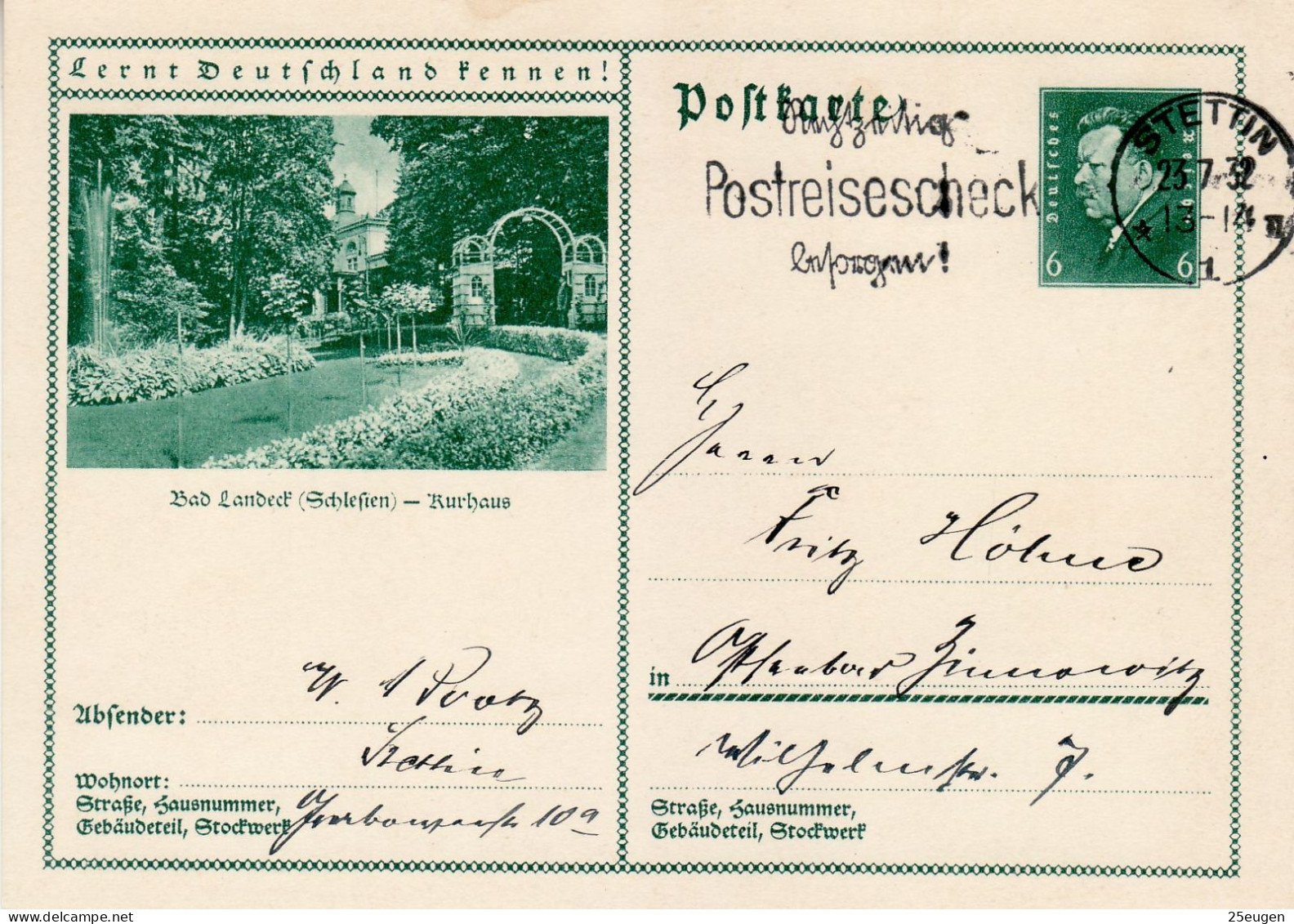 GERMANY WEIMAR REPUBLIC 1932 POSTCARD  MiNr P 202 SENT FROM STETTIN /SZCZECIN/ - Cartes Postales