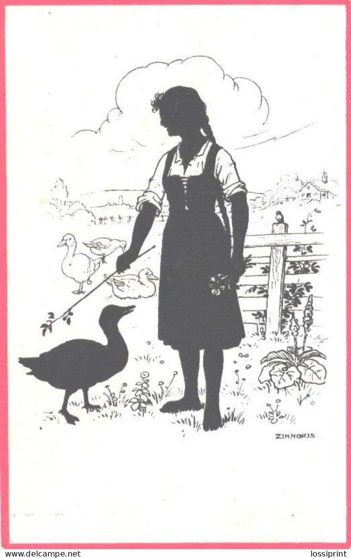 Zinhorjs:Girl With Geese, Goose, Pre 1940 - Silhouettes