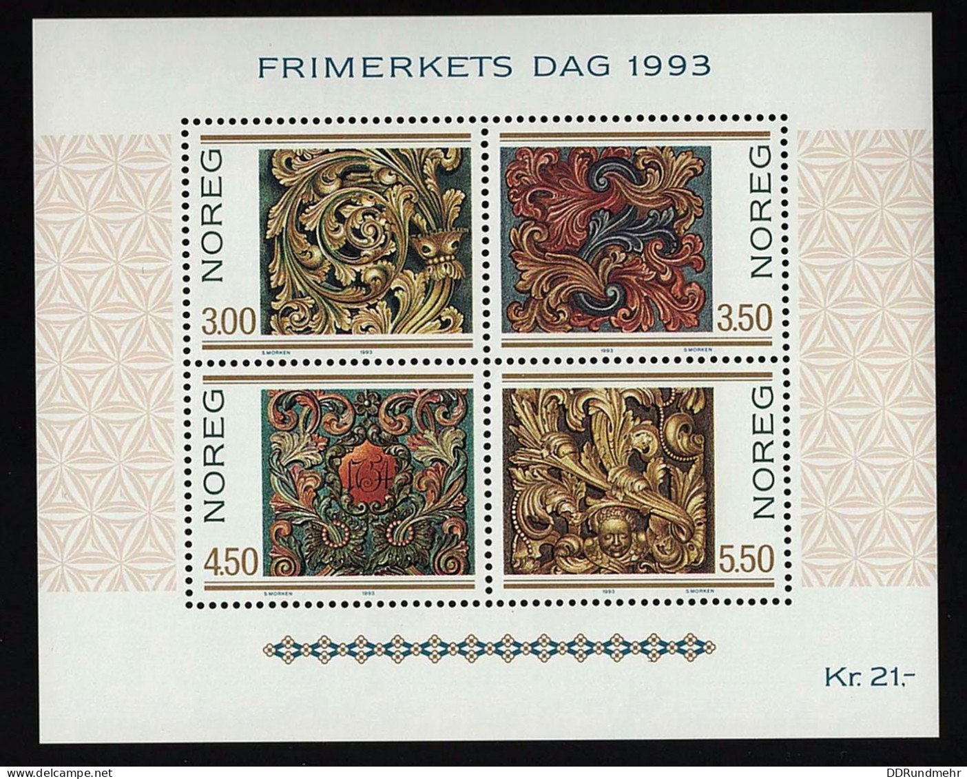 1993 Woodcarving  Michel NO BL20 Stamp Number NO 1046 Yvert Et Tellier NO BF20 Stanley Gibbons NO MS1168 Xx MNH - Blokken & Velletjes