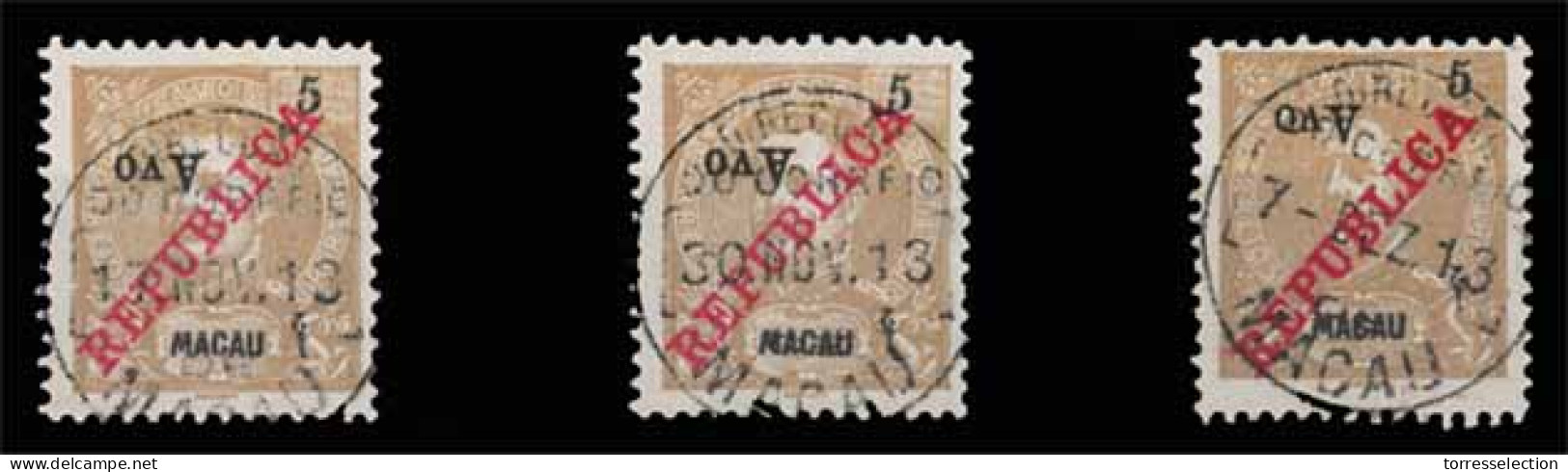 MACAU. 198º. 1913 D. Carlos Mouchon Ovpted Issue. ½ S /5a Yellow Chestnut INVERTED Value Ovpts. 3 Used Copies, Showing D - Other & Unclassified