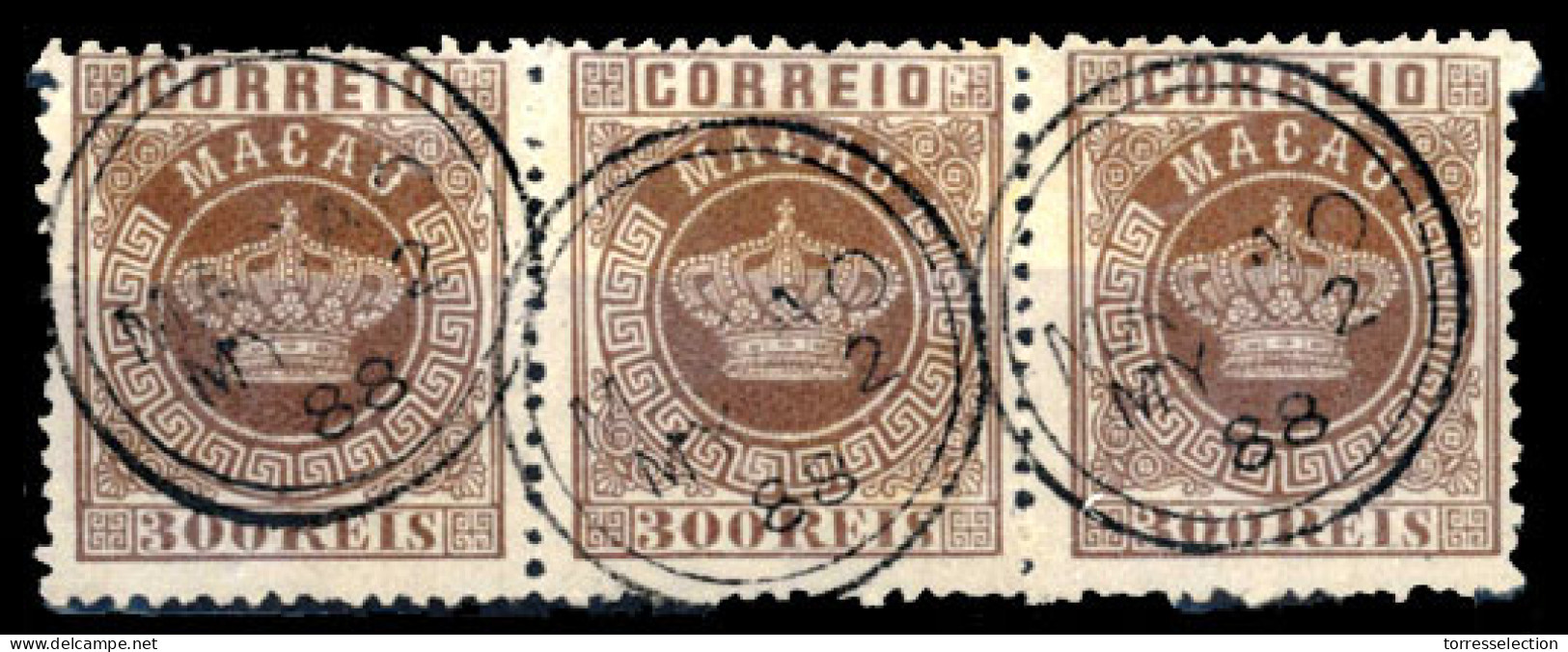 MACAU. 9º. 1884 Crown Issue. 300rs Brown Red Chocolate, Perf. 12½  Horiz. STRIP OF THREE, Used "MY 2/88" Extremely Scarc - Andere & Zonder Classificatie