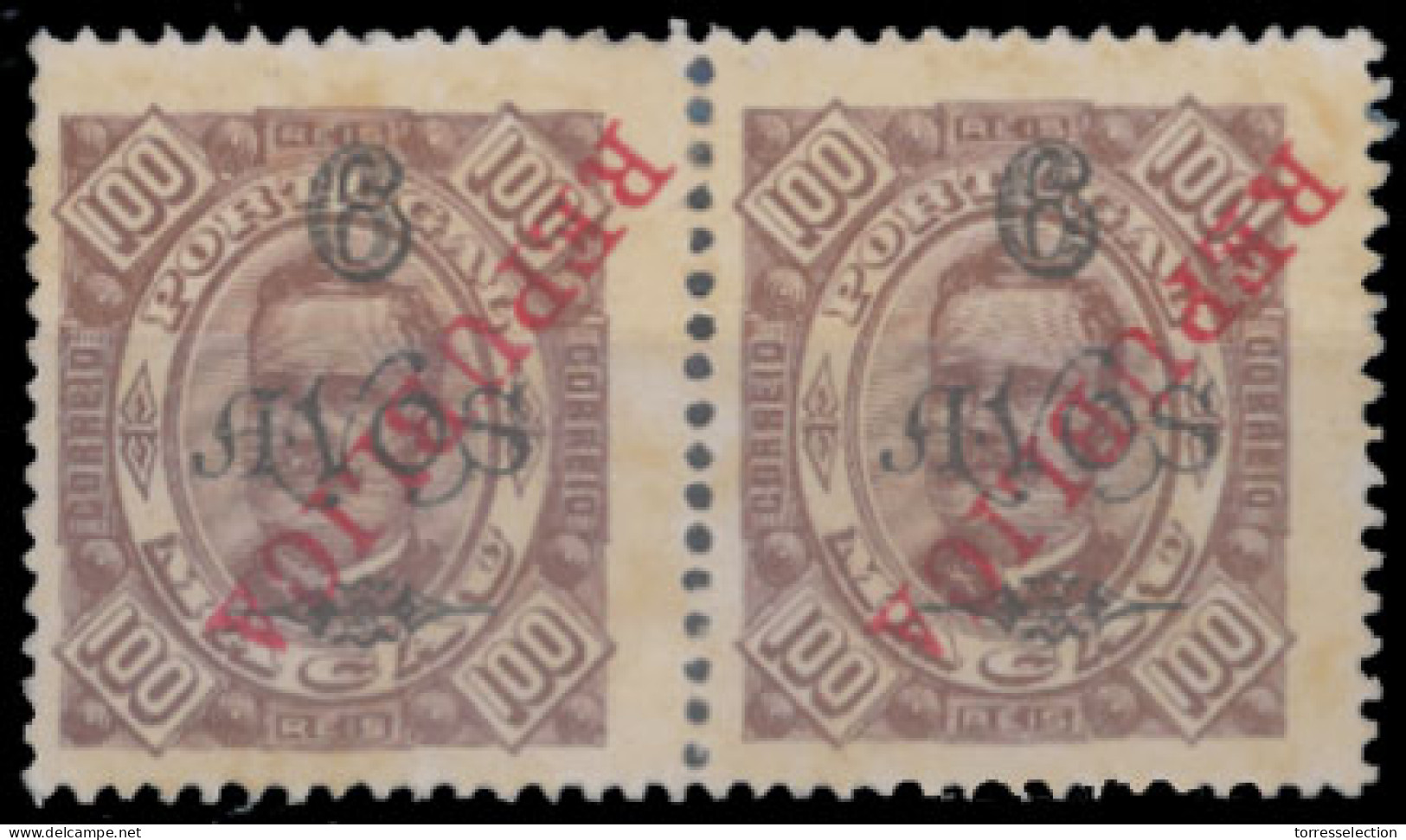 MACAU. 176* 1913. D. Carlos Local "Republica" Ovpt. 6a S/100r Brown On Orange Paper. INVERTED OVERPRINT Horiz. Pair, Per - Otros & Sin Clasificación