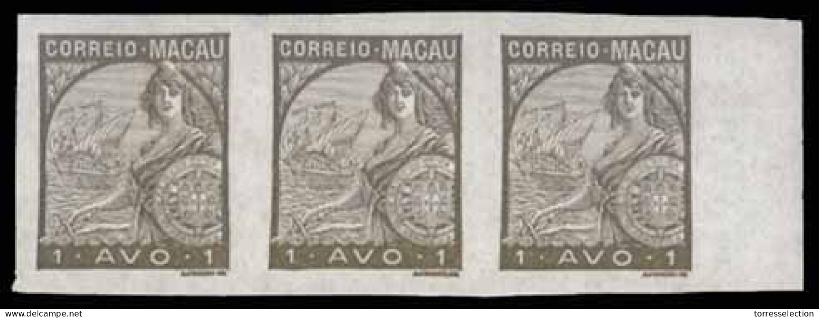 MACAU. 269***. 1934 Padrôes. 1a Sepia IMPERFORATE. Horiz. STRIP OF THREE, Border Margin At Right. Not Refered By Afinsa  - Andere & Zonder Classificatie
