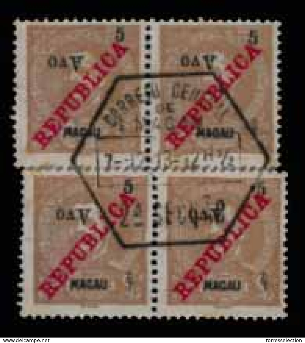 MACAU. 198º. (x4) 1913.. D. Carlos I, Com Sobretaxa. ½ 5/5a Yellow Chestnut INVERTED OVERPRINT. 2 Horiz. Used Pairs, For - Altri & Non Classificati