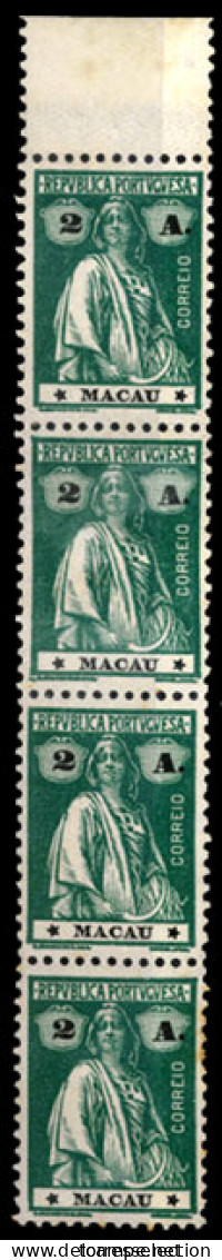 MACAU. 1913. Ceres. 2a Green, Paper With Dots 11 1/2x12 (Af. 212). Vertical STRIP OF FOUR  With Upper Margin Border. Fin - Autres & Non Classés