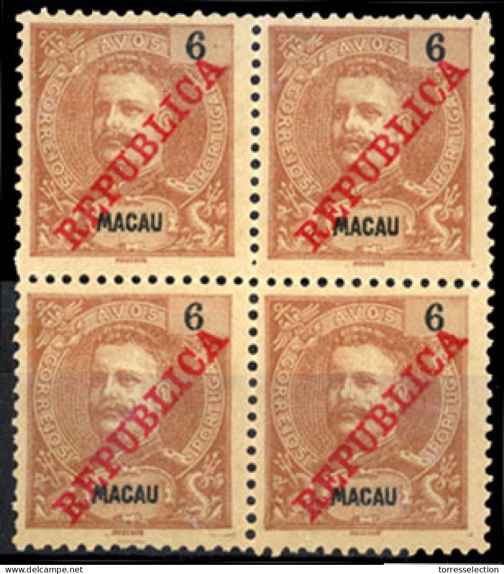 MACAU. 1911. D. Carlos I Ovpted. "Republica". 6avo Red Chestnut. BLOCK OF FOUR. V. Fine Mint. (Af. 155) V. Scarce. - Andere & Zonder Classificatie