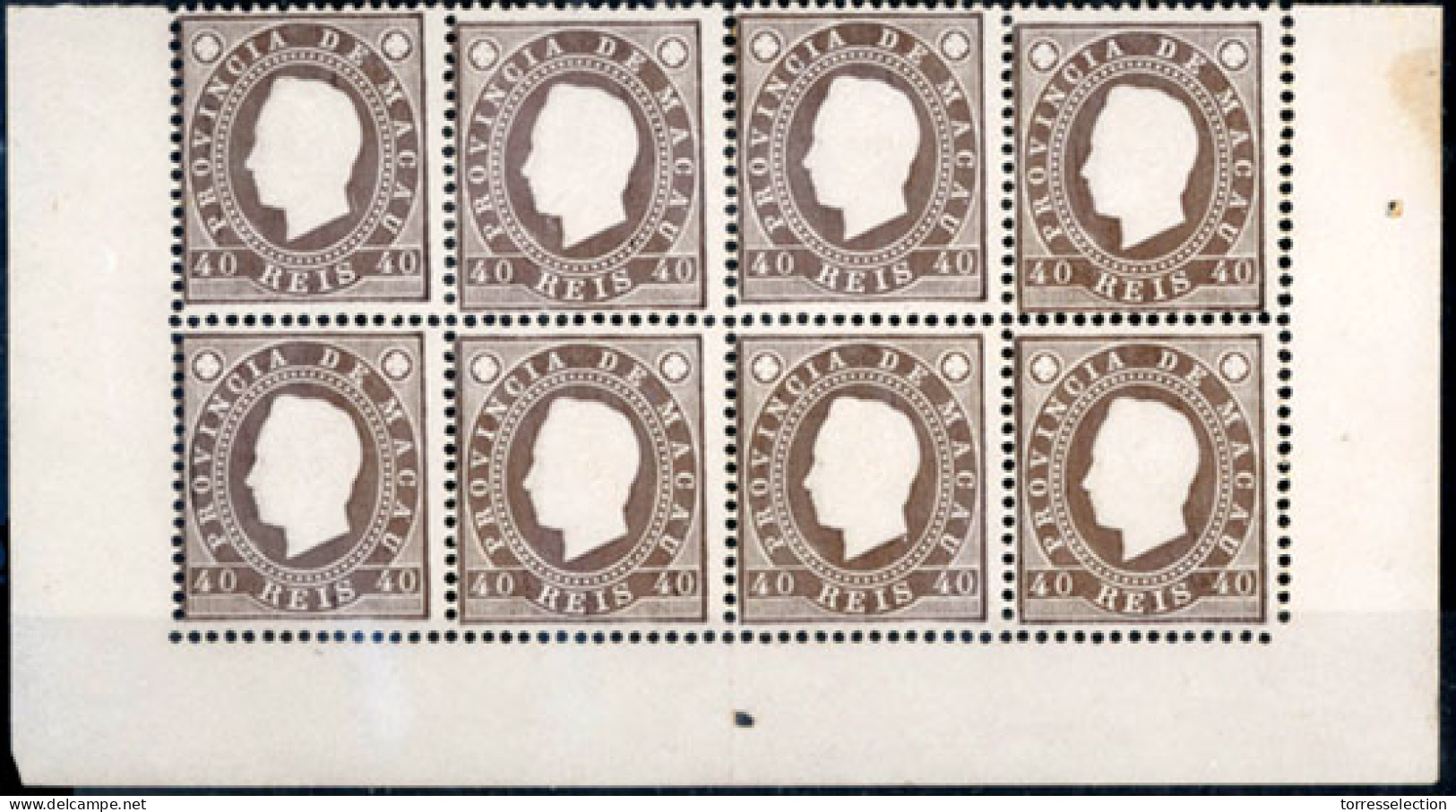 MACAU. 1888. D. Luis I Embossed. 40r Brown Perf 12 1/2. BLOCK OF EIGHT, With Margin Borders, Lower Part Of Sheet. V. Fin - Andere & Zonder Classificatie