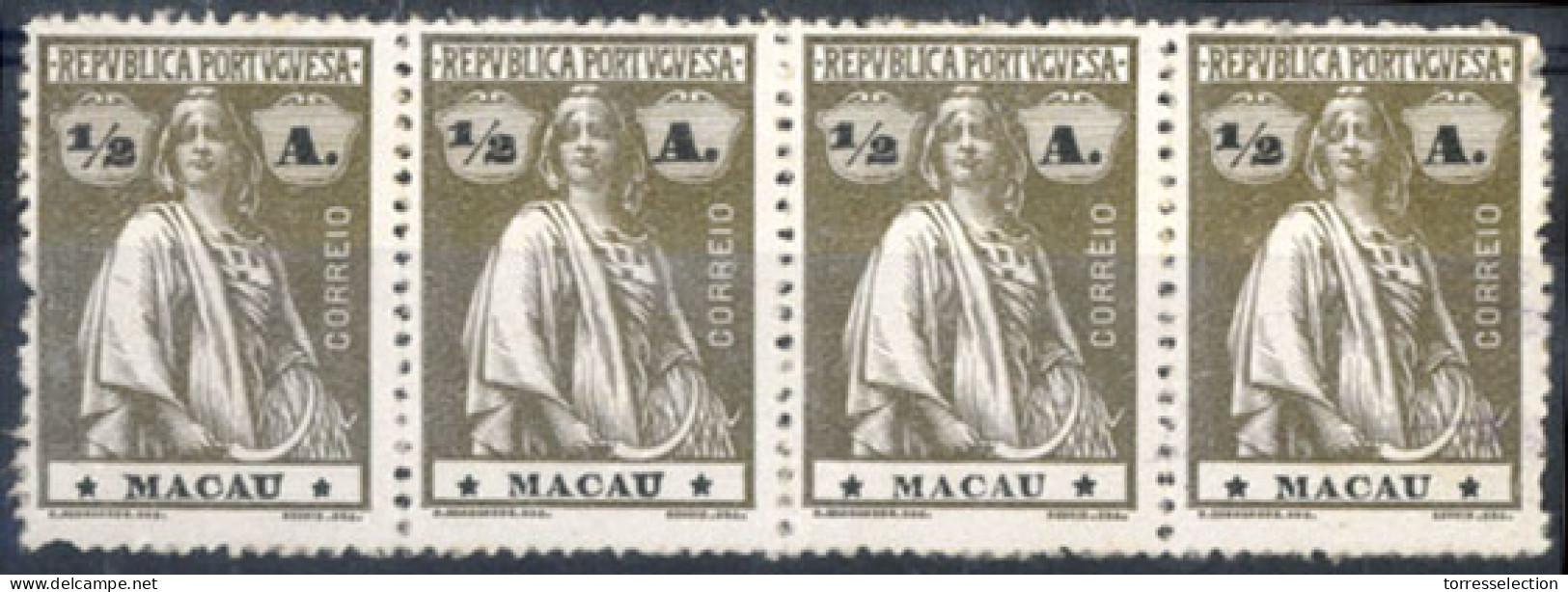 MACAU. 1913. Ceres 1/2a Sepia, Perf 15x14, Brilliant Paper. (Af 210) Horiz. STRIP OF FOUR. Fine Mint. - Andere & Zonder Classificatie