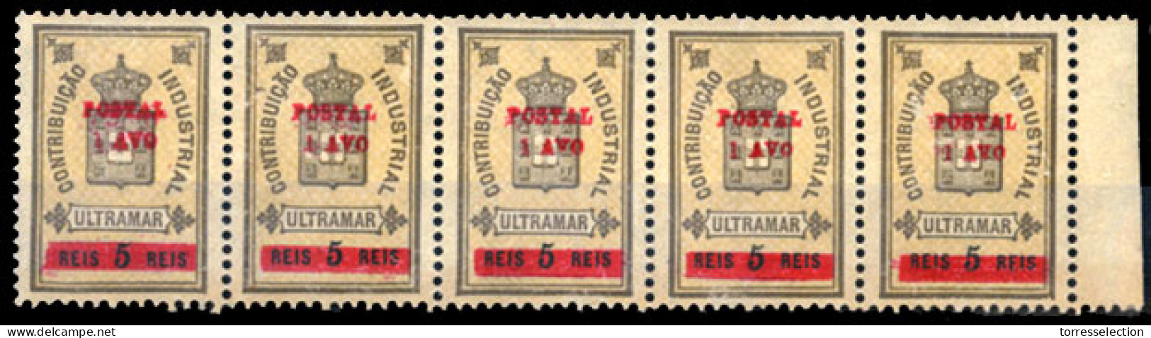 MACAU. 1911. Fiscal, Ovpted Local. "Postal/1Avo/-" In Red. (Af. 144). An Excellent HORIZONTAL STRIP OF FIVE With Margin  - Andere & Zonder Classificatie