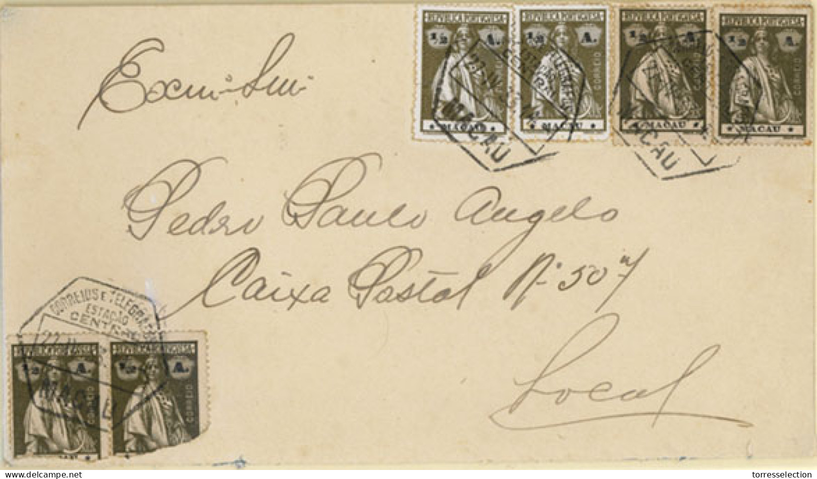 MACAU. 1933. (27 April) Macau Local Usage. Envelope Bearing 6x1/2a. Brown (I-I). Ceres Issue, 2 Are On Porcelian Paper,  - Other & Unclassified