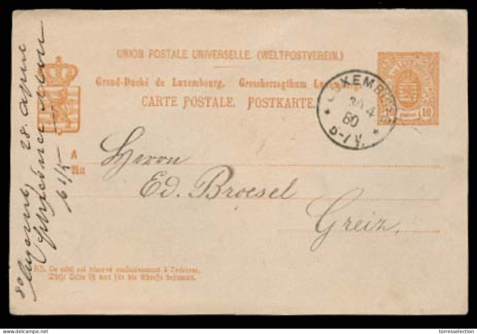 LUXEMBOURG. 1880 (30 April). Lux - Greiz. 10c Stat Card / Cds. Fine. - Other & Unclassified