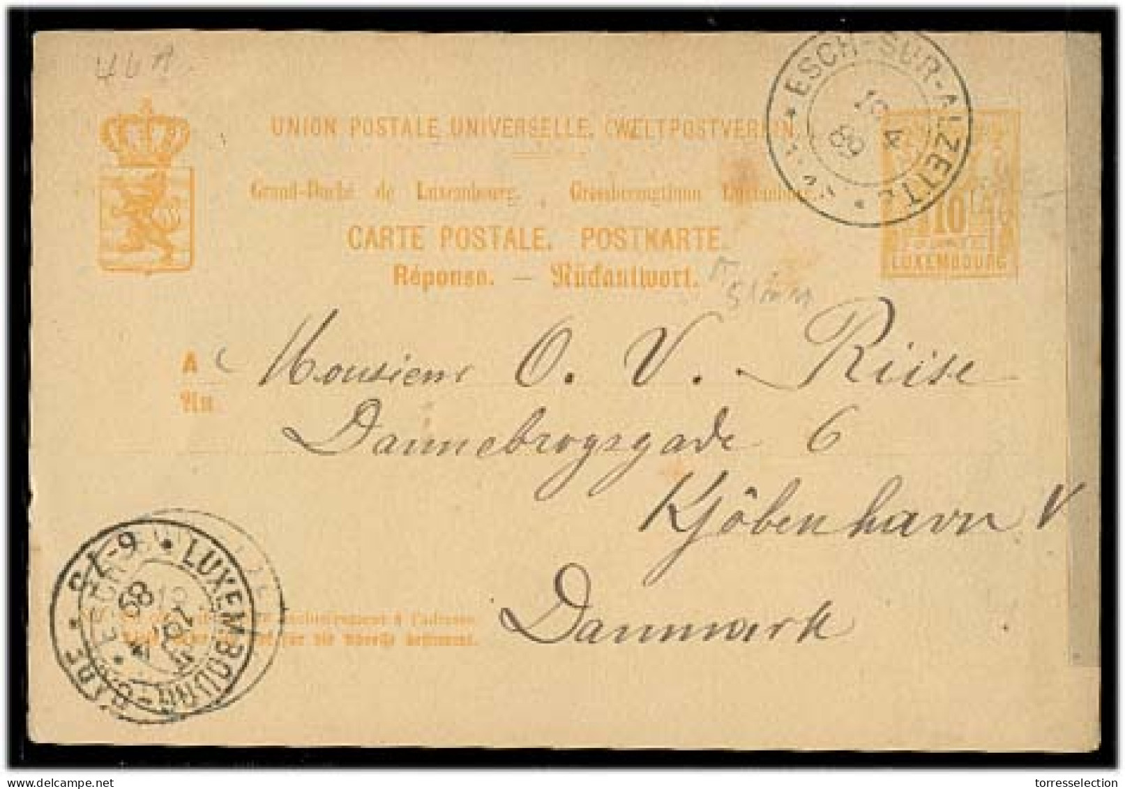 LUXEMBOURG. 1889 (19 April). Esch - Sur - Alzete - Denmark Reply Half 10c Stat Card Circulated Comercially With Part Arr - Other & Unclassified