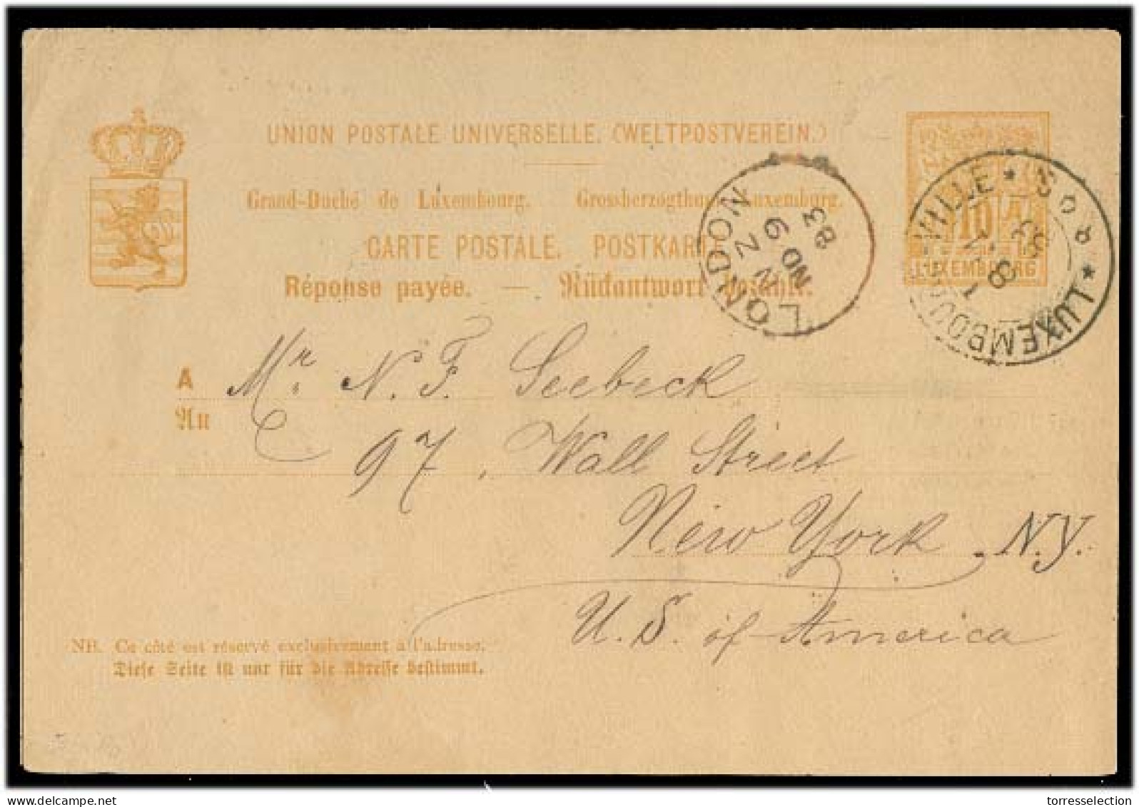 LUXEMBOURG. 1883 (8 Nov). Ville - USA / NY. Via London (9 Nov) 10c Bister Doble Stat Cond With Long Message. Addressed T - Other & Unclassified