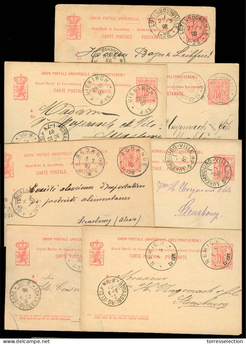 LUXEMBOURG. 1887-93. Town Cancels. 10c Red Stat Card X7, With Diff Town Usages To Addressed To France Strassburg. Incl R - Other & Unclassified
