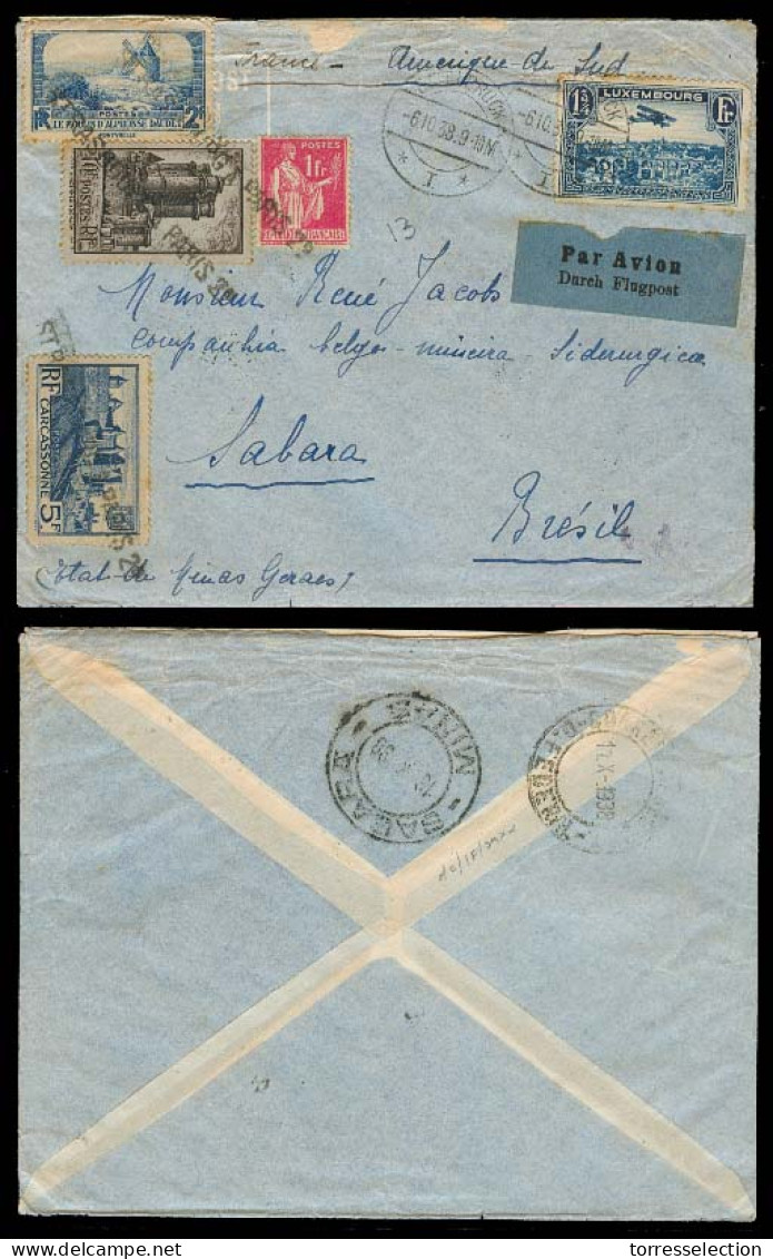 LUXEMBOURG. 1938 (6 Oct). Ettelbruck - Brazil / Sabara - Minas Gerais. Air Fkd Env + French Stamps Tied For Airmail Deli - Other & Unclassified