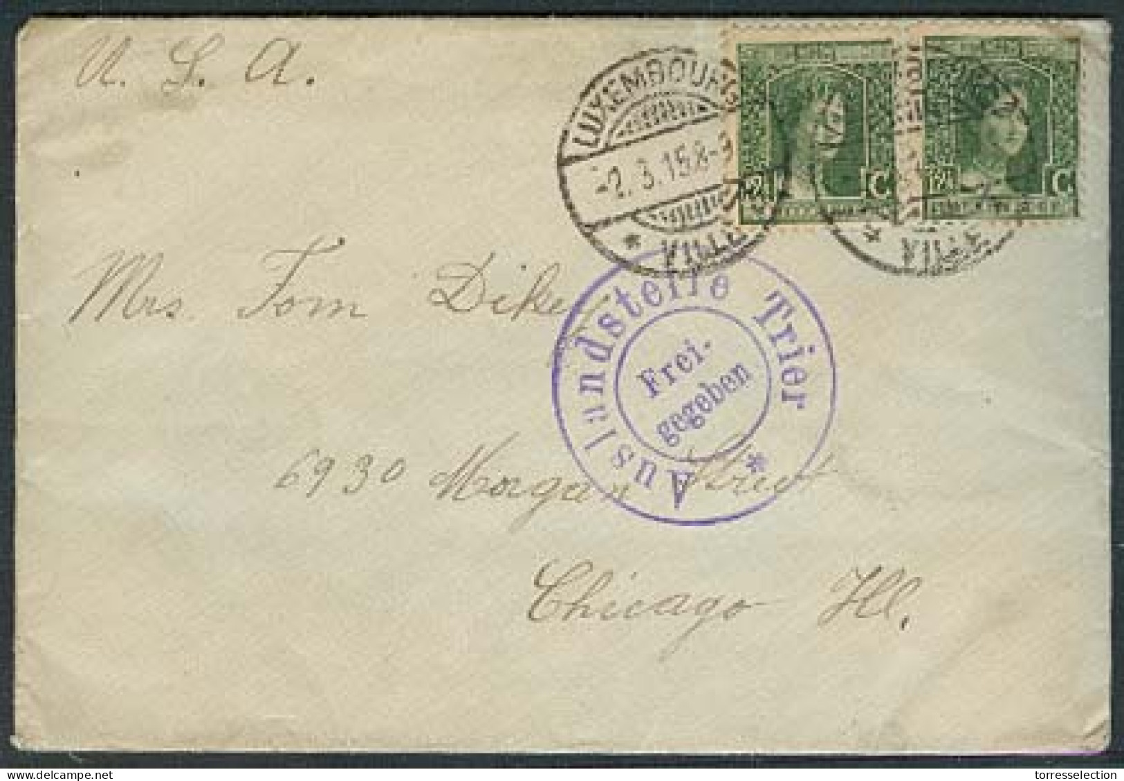 LUXEMBOURG. 1915 (2 March). Lux Ville - USA / Chicago. Fkd Censored Trier Env. - Other & Unclassified