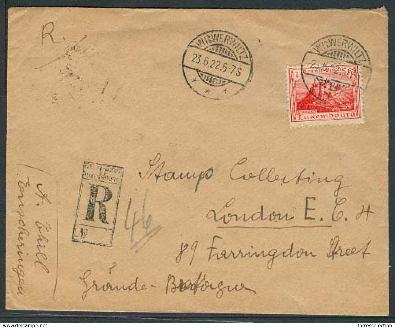 LUXEMBOURG. 1922 (23 June). Wilwerwiltz - UK. Reg Fkd 1fr Stamp Single. VF. - Other & Unclassified