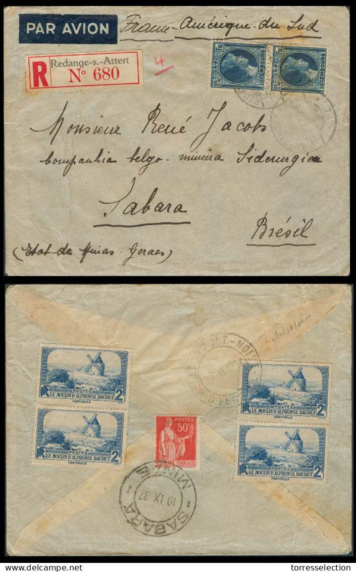 LUXEMBOURG. 1937 (3 Sept). Redange - S - Attert - Brazil / Sahara. Reg Air Fkd Env (3 Fr 50c) + French Stamps (8,50 Fr)  - Other & Unclassified