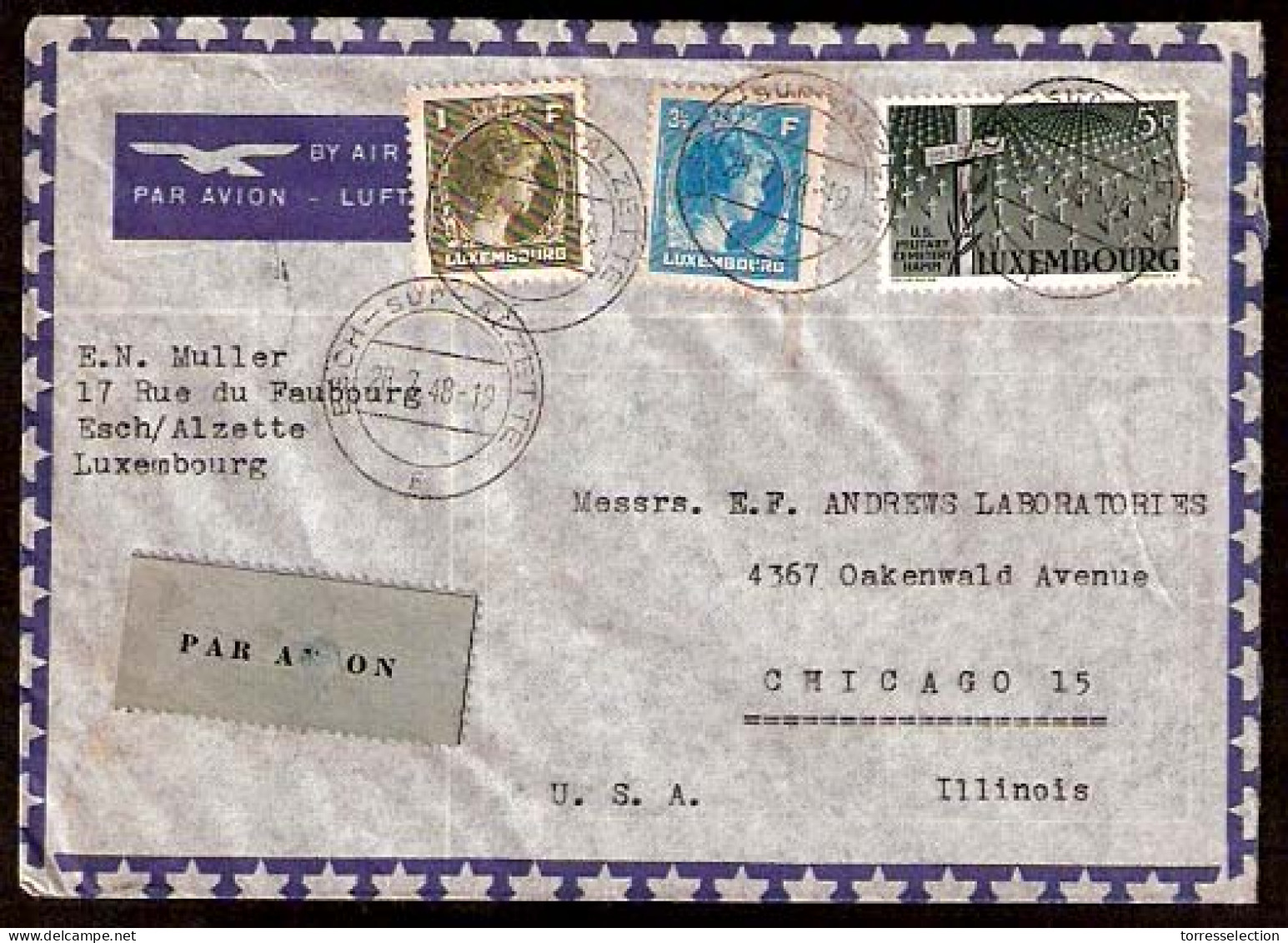 LUXEMBOURG. 1948. Esch-Alzette - USA. Multifrkd Airmail Env. VF. - Other & Unclassified