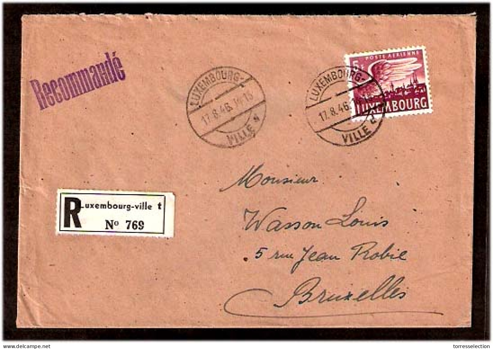 LUXEMBOURG. 1946. Lux Ville - Belgium. Registr Frkd Env. Simple Frkd. - Other & Unclassified